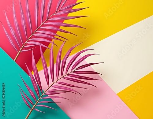 Vivid pink palm on abstract geometric color block background