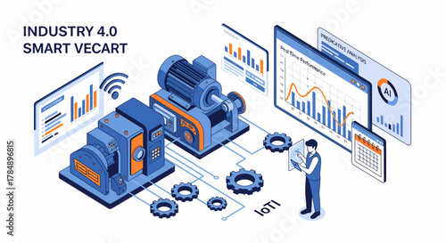 Isometric Industry 4.0: Smart factory automation with AI-driven predictive analytics and IoT data monitoring for operational efficiency