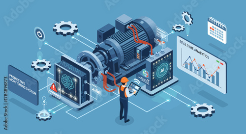 Isometric Predictive Maintenance: Technician Analyzing Real-Time Data on Industrial Motor Using AI-Powered Monitoring System for Enhanced Productivity