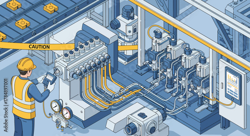 Isometric vector: Factory worker operating industrial machine, automated manufacturing process monitoring via digital tablet.