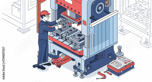 Isometric Technician Repairing Heavy Hydraulic Press Machine. Industrial Maintenance and Engineering Concept.