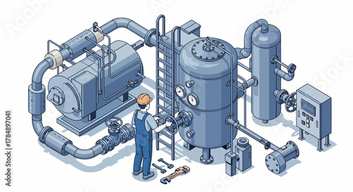 Isometric industrial worker operating machinery in factory. Engineering infrastructure with pipes, tanks, control panels for process automation.