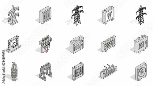 Isometric Electricity Grid Icons Set: Power Transmission and Distribution Equipment for Infographics and Technical Illustrations