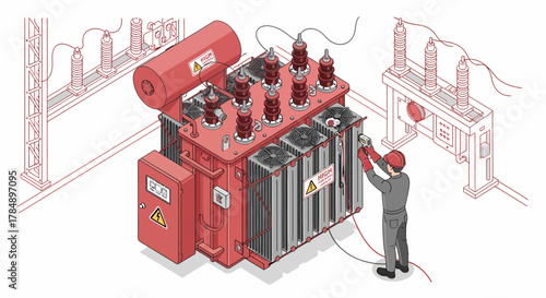 Vector Isometric Power Transformer Maintenance: Engineer Inspecting High-Voltage Equipment in Substation