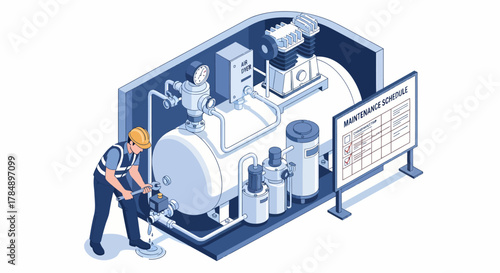 Isometric vector of air compressor maintenance worker fixing industrial equipment with schedule, for engineering designs and presentation templates.