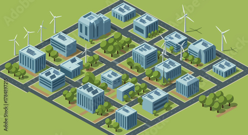 Isometric city landscape with renewable energy. Green sustainable urban planning concept with wind turbines and solar panels.