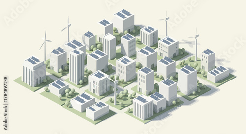 Isometric sustainable city concept with solar panels and wind turbines, clean energy infographic for ecological urban planning and architecture