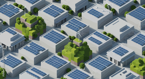 Isometric eco-friendly city concept with solar panels and wind turbines, sustainable urban planning for renewable energy and green infrastructure