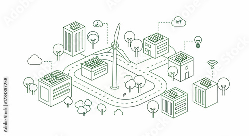 Vector Isometric Smart City Concept: Sustainable energy powered buildings, IoT network, and clean energy sources.