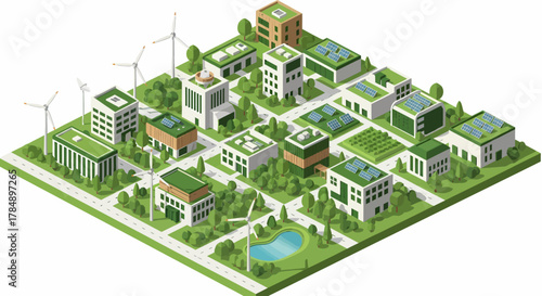 Vector Isometric Cityscape Promoting Sustainability, Eco-Friendly Design, Renewable Energy in Green Urban Planning