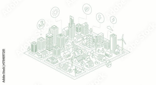 Green Energy Isometric City Vector: Sustainable Urban Development & Renewable Power Concept for Business & Infographics