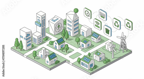 Isometric Green Energy City: Vector Illustration showcasing Sustainability, Smart Technology & Renewable Resources for Urban Planning