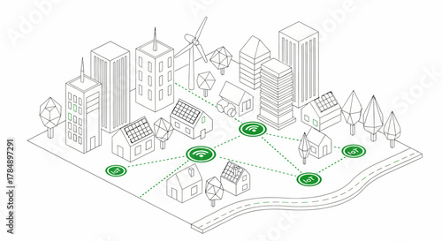 Vector Isometric Smart City Network: IoT Infrastructure, Renewable Energy, Urban Technology, Digital Connectivity
