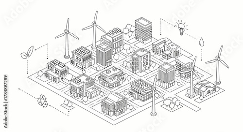 Vector Isometric Smart Cityscape: Sustainable energy, clean technology, and eco-friendly urban design for green initiatives.