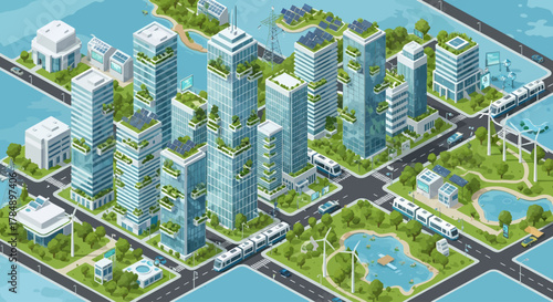 Vector Isometric Sustainable Cityscape with Modern Buildings, Green Energy, Public Transportation - Eco-Friendly Urban Planning Concept