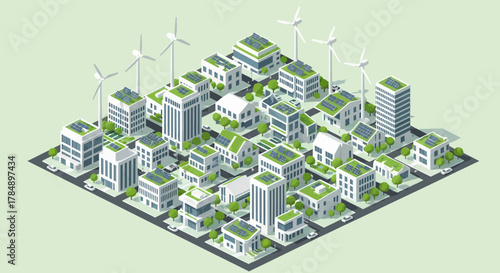 Sustainable City Isometric Vector Concept: Eco-Friendly Buildings with Solar Panels and Wind Turbines - Renewable Energy and Green Living