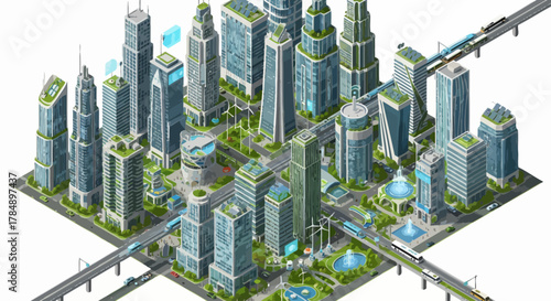 Vector Isometric futuristic green city illustration showcasing sustainable architecture and eco-friendly transportation systems for urban planning concepts