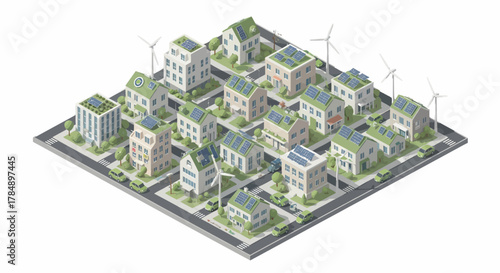 Vector Isometric Sustainable City Concept: Renewable Energy, Solar Panels, Wind Turbines - Urban Planning Visualization for Eco-Friendly Living