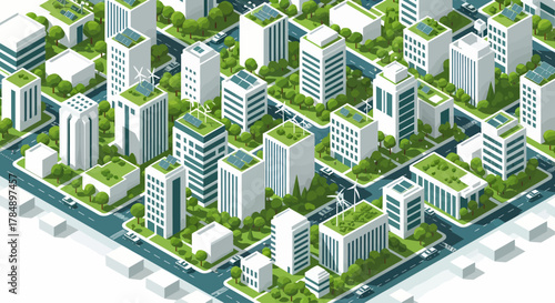 Green City Isometric Vector Illustration: Sustainable Urban Development with Solar Panels and Wind Turbines
