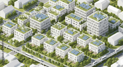 Vector Isometric sustainable city concept: modern architecture with solar panels & windmills in urban planning promoting ecological living