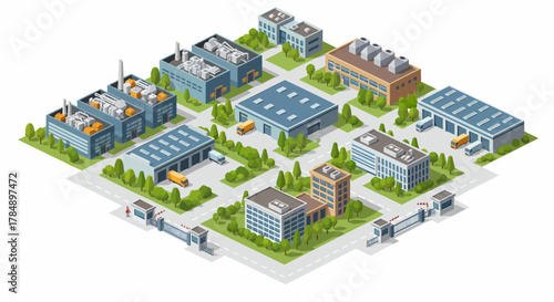 Vector Isometric Industrial Park Illustration: Manufacturing, Warehouses, and Logistics for Business Presentation and Design