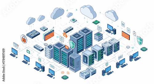 Vector Isometric Data Center Network Infrastructure: Cloud Computing, Cybersecurity, and Hosting Servers
