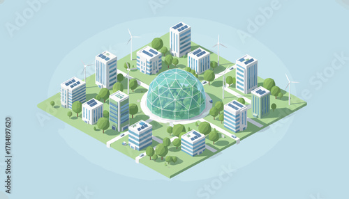 Isometric vector illustration of a sustainable smart city concept powered by solar energy and wind turbines featuring a biodome as a green ecosystem.