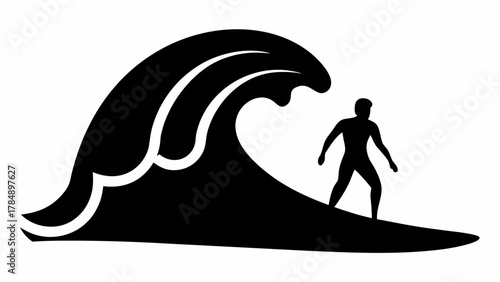 Dynamic surfer rides massive wave, capturing thrill and adventure of ocean sports and summer fun