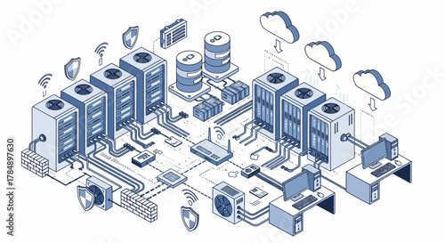 Isometric Vector: Cloud Computing Infrastructure with Server Racks, Data Storage and Cybersecurity in Network System, Vector Illustration