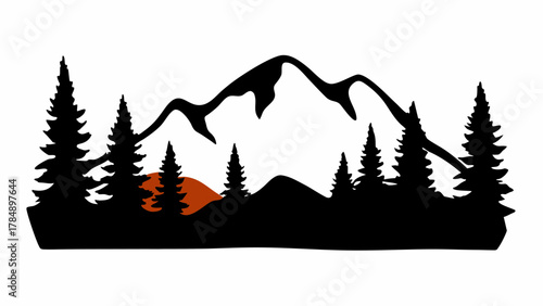 Majestic mountain silhouette with pine trees and sunset glow offers serene wilderness escape.