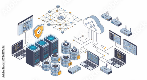Isometric Cloud Computing Network Illustration: Server, Data Storage, Cybersecurity, and Digital Infrastructure Concept
