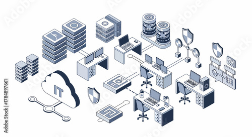 Isometric vector IT infrastructure diagram showing cloud computing, cybersecurity, data servers and network connections for business technology