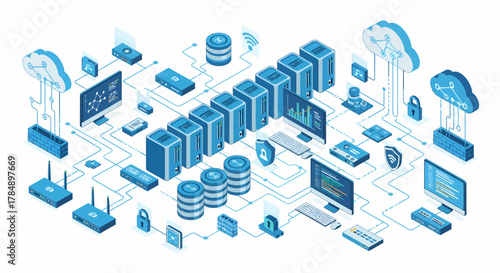 Vector Isometric Network Infrastructure: Cloud Computing, Servers & Data Security Visual for IT Solutions & Cybersecurity Presentations
