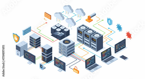 Isometric Vector Network Architecture: Cloud Computing & Cybersecurity Visualization for Business Presentation Material & Technology Explainer