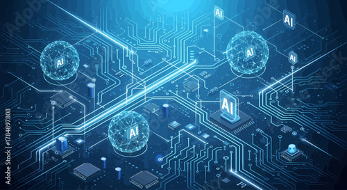 Isometric AI Technology: Artificial Intelligence conceptualized in a modern circuit board design, representing data processing and digital transformation