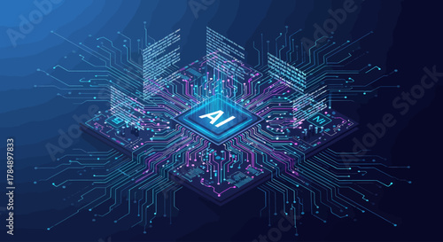 Isometric AI Processor: Neural Network, Machine Learning, and Data Processing in a Futuristic Technology Design