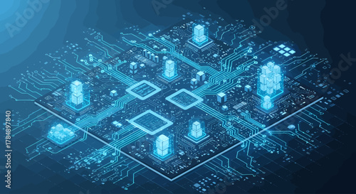 Isometric Blockchain Network: Futuristic Technology Concept with Glowing Circuit Board for Digital Transformation Presentations