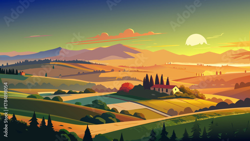 Very beautiful golden hour view over a serene countryside, featuring rolling hills, the sun setting on the horizon, warm glowing sky colors, and a realistic peaceful rural landscape.