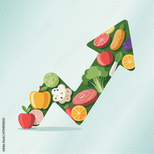 Healthy food choices are trending up, showing an arrow of fruits and vegetables for nutrition, wellness, and dietary growth in a modern design