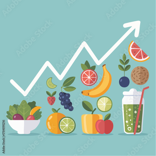 Boost your well-being with fresh fruits, healthy salads and energizing smoothies for a vibrant lifestyle showing a positive upward trend