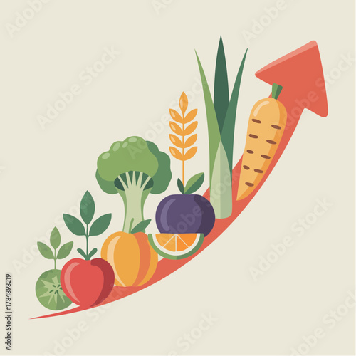 Rising food prices concept with fresh produce climbing an arrow, showing inflation, healthy eating habits, and increased demand for organic foods