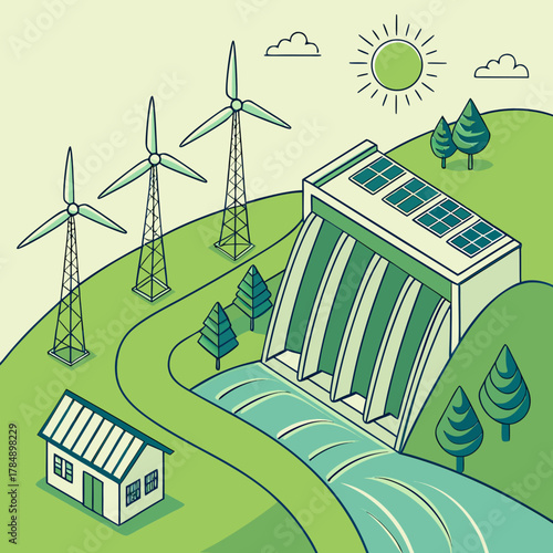 Isometric illustration of green energy with wind turbines, solar panels, and hydroelectric dam on a hill
