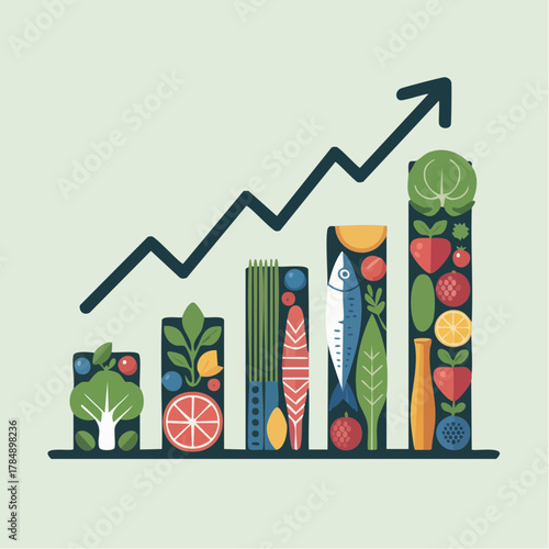 Rising food industry growth chart featuring fresh produce and fish, perfect for health and nutrition marketing, demonstrating positive trends and food market success