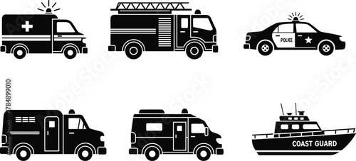 Emergency vehicle vector, ambulance, fire truck, police car, SWAT van, rescue van, coast guard boat, silhouette icon set