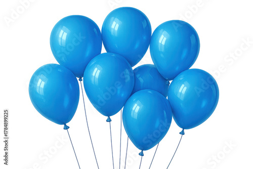 Group of blue balloons floating upwards. Objects symbolize joy, celebration, and festive events. Transparent background