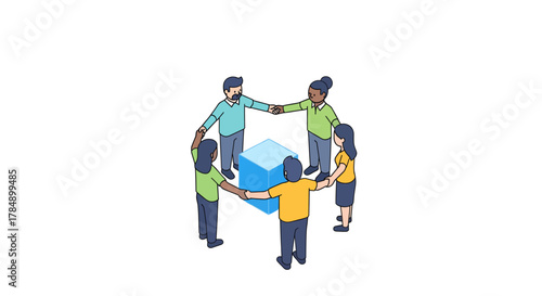 People standing in a circle around a blue cube, holding hands, teamwork concept.