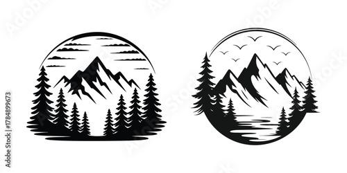 Mountain forest hiking and camping adventure vector set