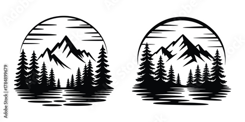 Mountain hiking and night camping adventure vector set
