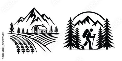 Mountain Landscape with Hiker and Farm Illustration Vector