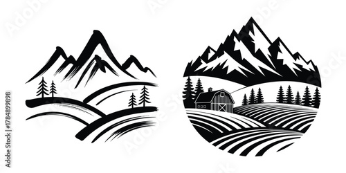 Brush Stroke Farm Mountain Logo Vector Illustration Set